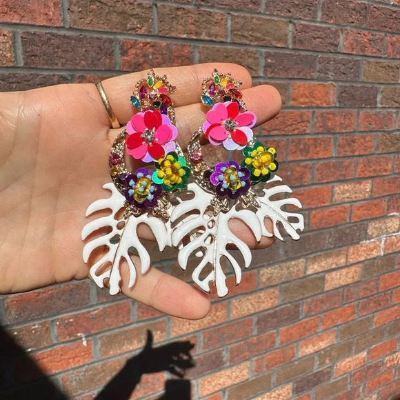 Zara Monstera Leaf Tropical Statement Drop Earrings - Picture 4 of 10